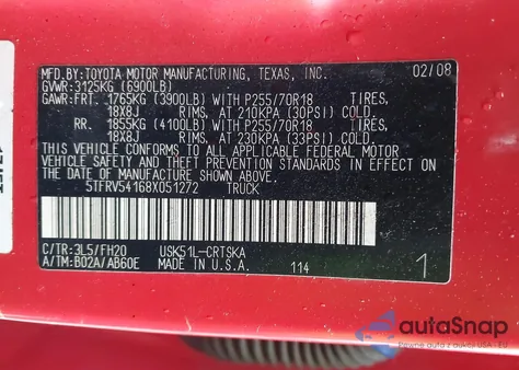 2008 Toyota Tundra Sr5 5.7L V8 из США, поврежденный, VIN 5TFRV54168X051272